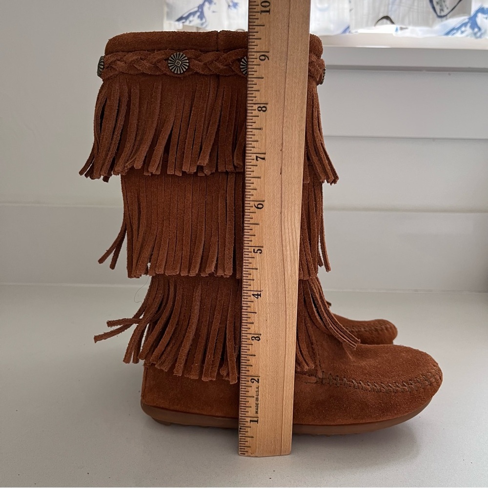 Minnetonka Triple Fringe Moccasins Suede Boots Girls Size 12 - Picture 7 of 9